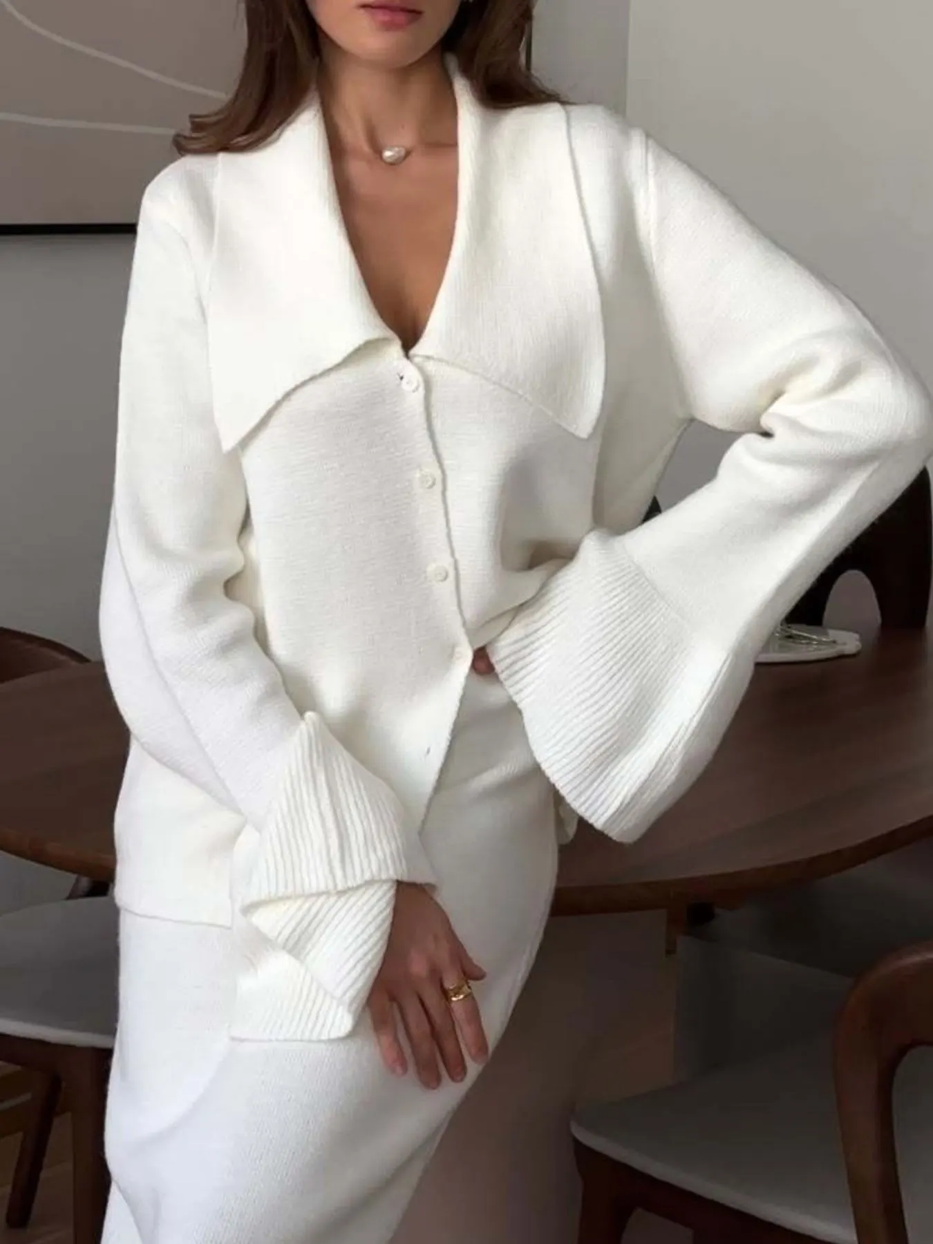 Button Down Long Sleeve Cardigan and Skirt Knit Set