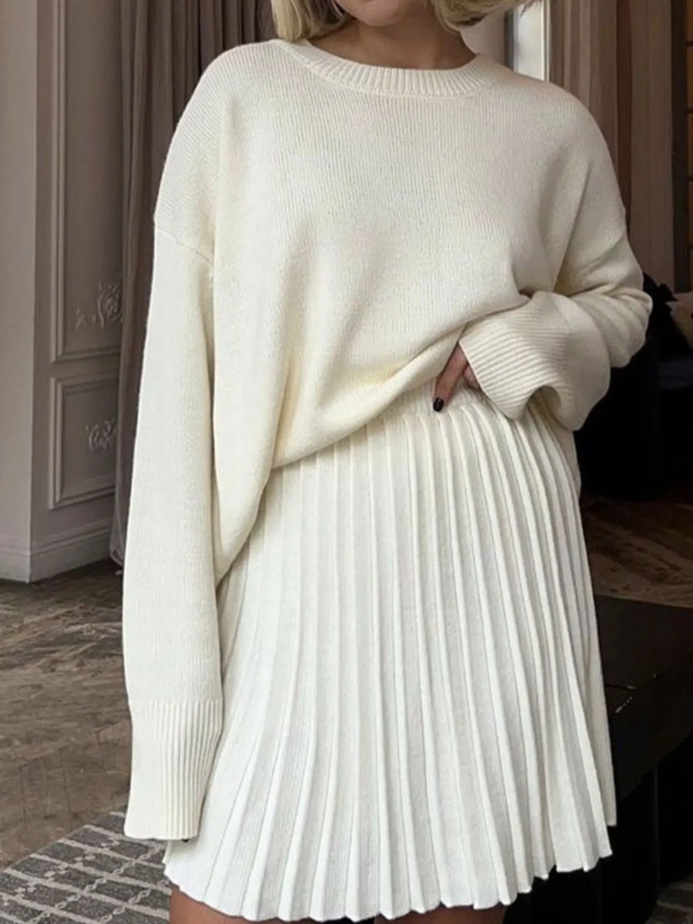 Round Neck Top and Pleated Skirt Sweater Set